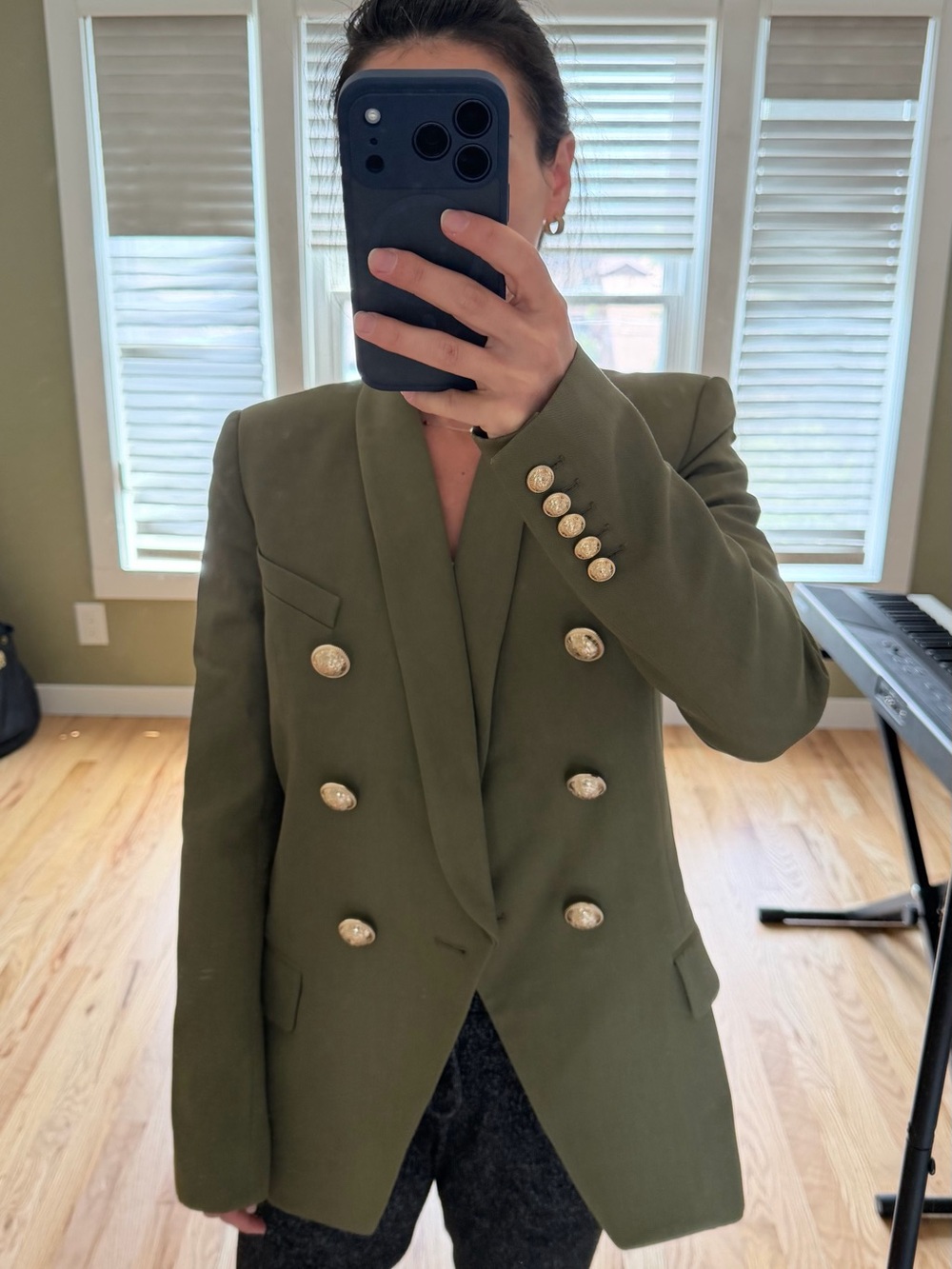 Balmain Olive Green Double-Breasted Blazer with Gold Buttons